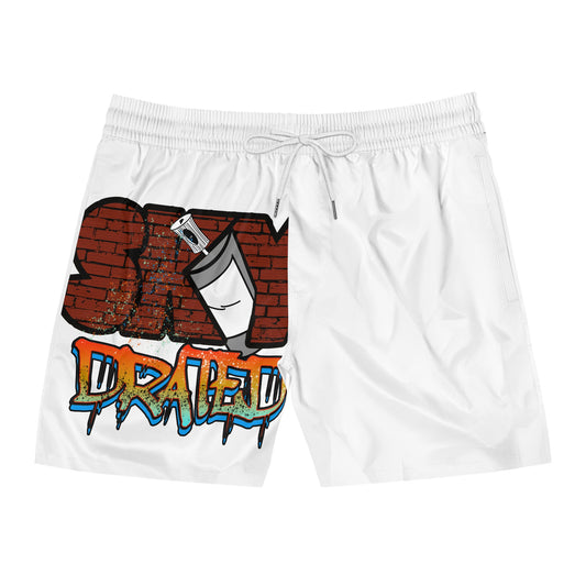 Graffiti Print Men's Swim Shorts, Stylish Beachwear, Summer Swim Trunks, Skate Inspired, Fun Pool Party Attire