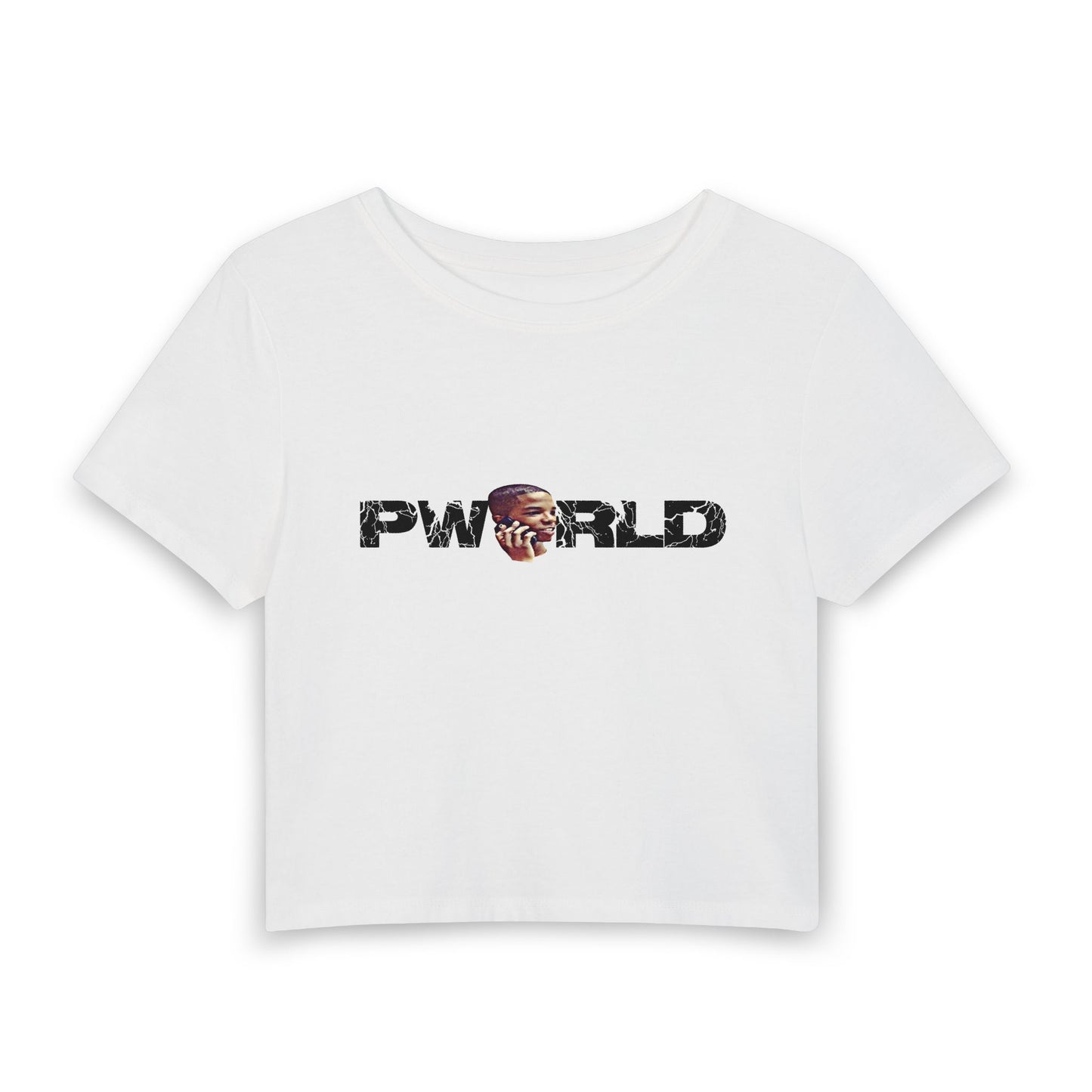 PWORLD Graphic Baby Tee — Women's Cropped Tee with Vintage Collage Logo
