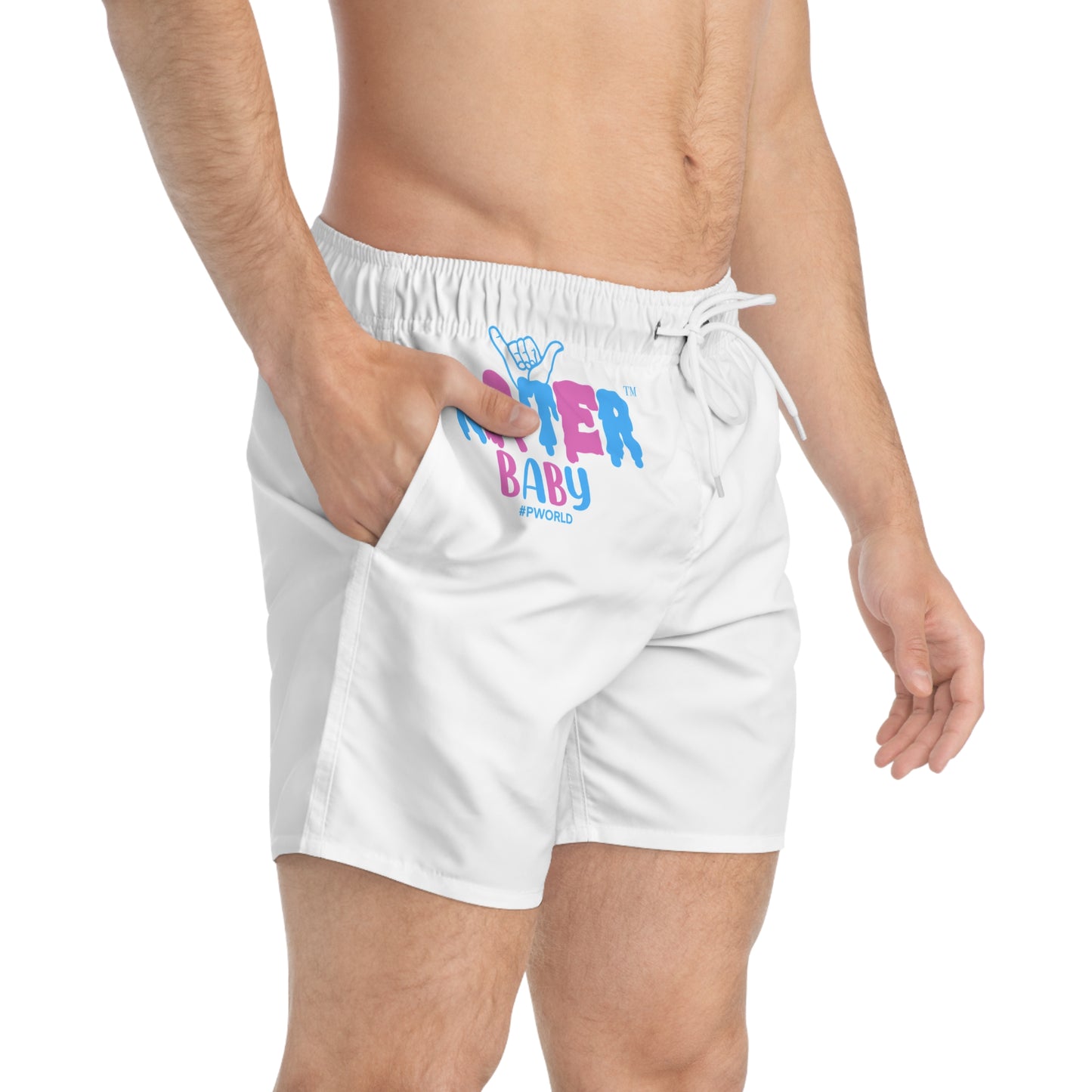 Swim Trunks — "Water Baby" Graphic Beach Shorts