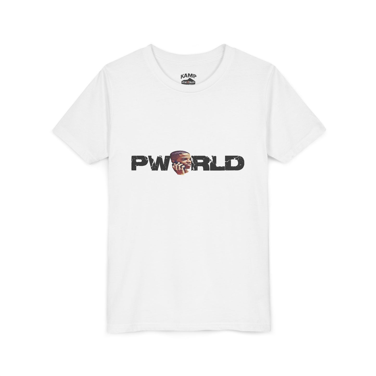Youth Tee – "PWORLD" Graphic Shirt with Cartoon Face (Kids Casual Streetwear)