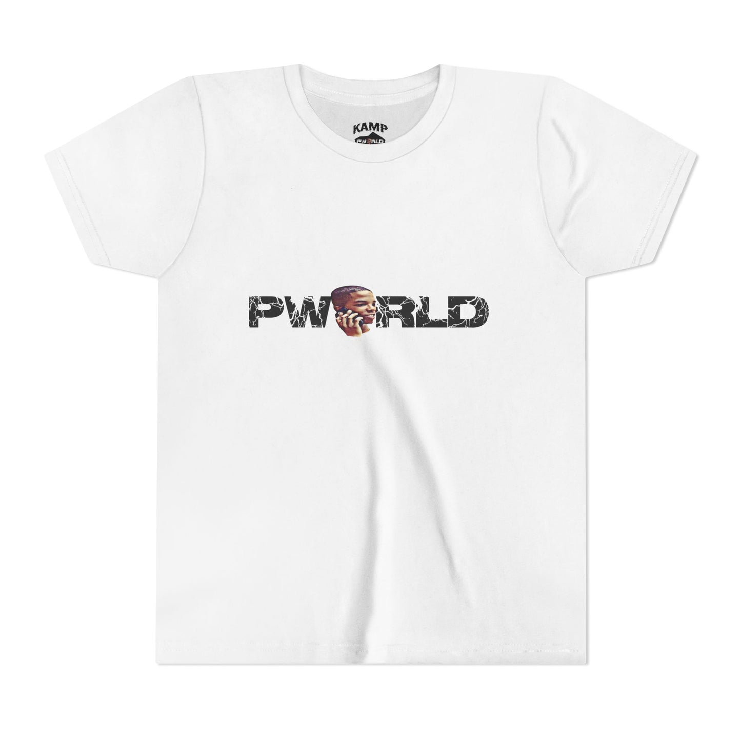 Youth Tee – "PWORLD" Graphic Shirt with Cartoon Face (Kids Casual Streetwear)