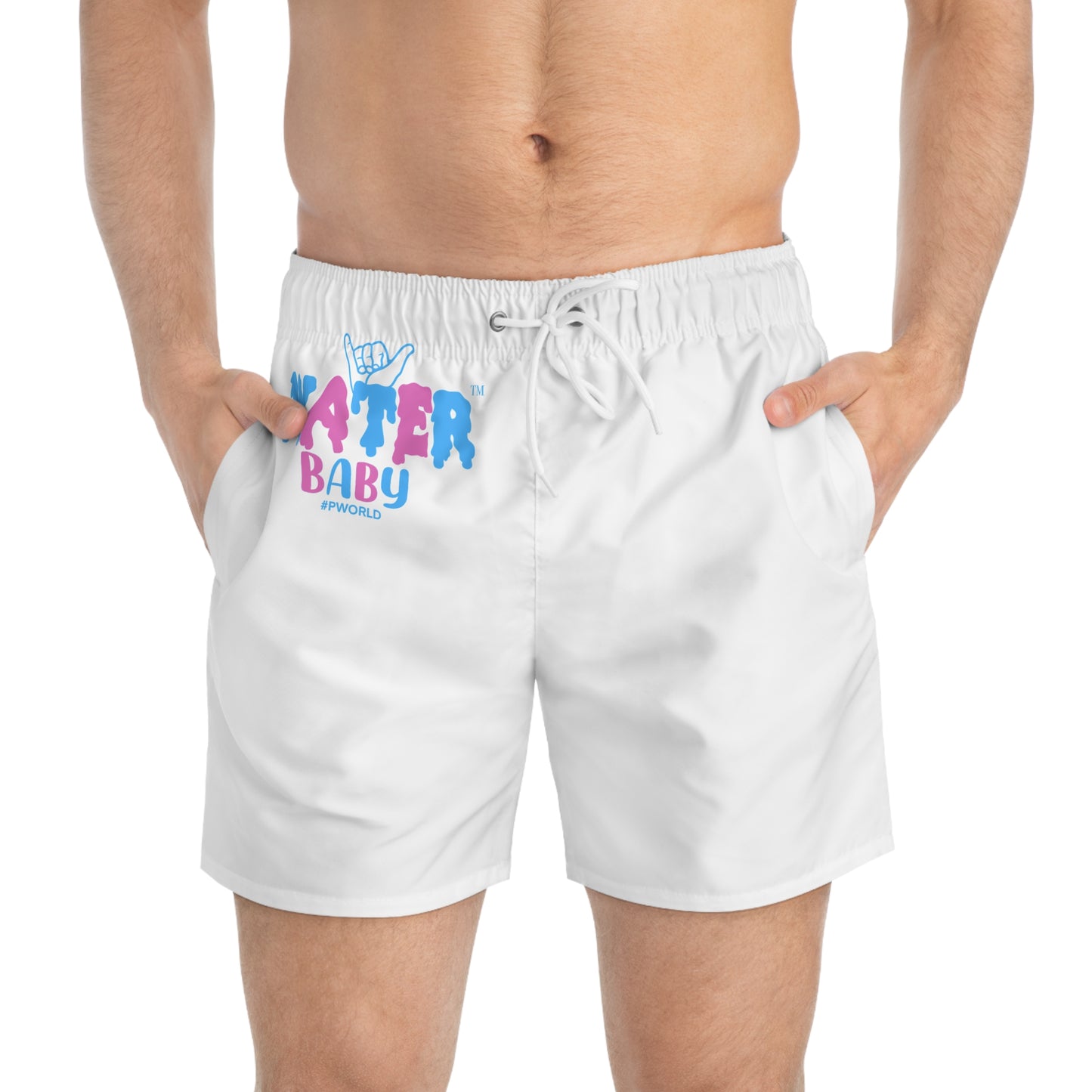 Swim Trunks — "Water Baby" Graphic Beach Shorts